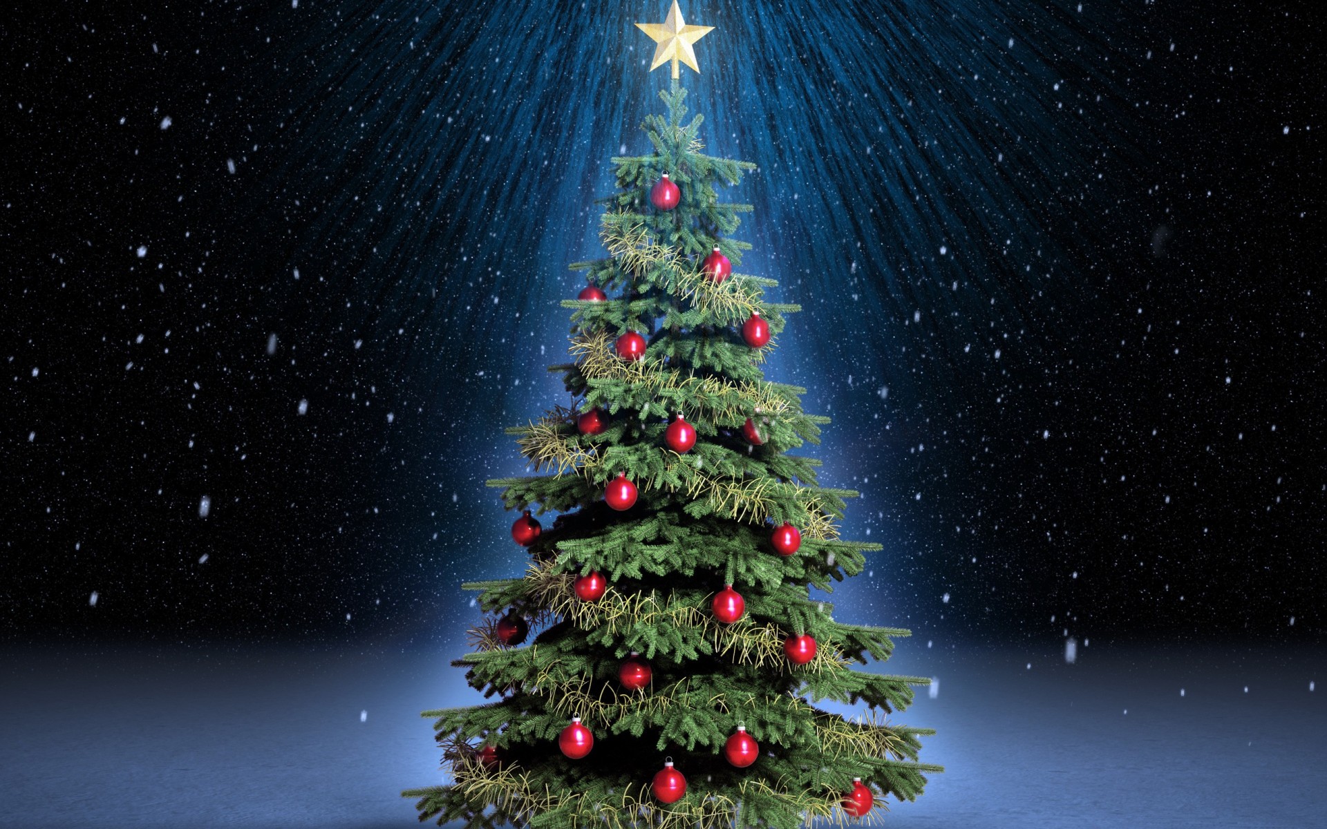 Christmas Tree, Star, Red Balls, Light, Snow widescreen wallpaper